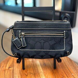 Coach Signature C Black Jacquard Wristlet Clutch — Detachable Strap, Zip-Top